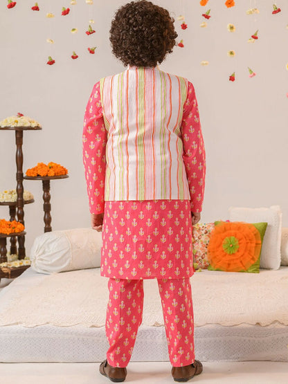 Pink Printed Kurta with Pyjamas & Nehru Jacket – Ethnic Wear for Boys | Pure Cotton