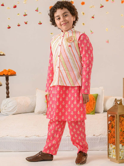 Pink Printed Kurta with Pyjamas & Nehru Jacket – Ethnic Wear for Boys | Pure Cotton