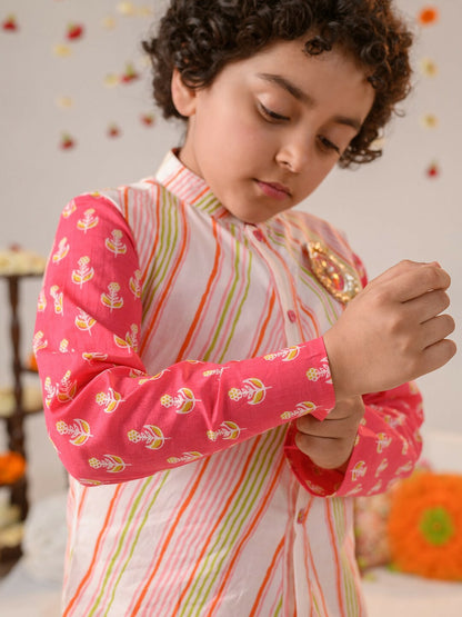 Pink Printed Kurta with Pyjamas & Nehru Jacket – Ethnic Wear for Boys | Pure Cotton