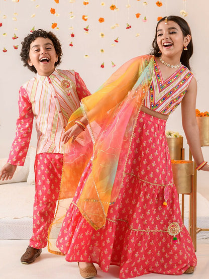 Pink Printed Kurta with Pyjamas & Nehru Jacket – Ethnic Wear for Boys | Pure Cotton