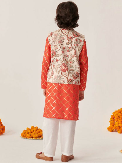 Boys Floral Printed Kurta with Pyjama & Jacket – Ethnic Indian Outfit for Weddings & Festivals