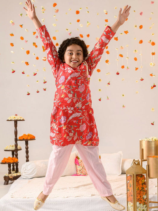 Red Printed Kurta with Pyjama for Boys – Pure Cotton Ethnic Wear for Festivals & Weddings