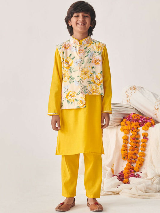 Boys Yellow Solid Kurta with Pyjama & Jacket – Silk Blend Ethnic Wear for Weddings & Festivals