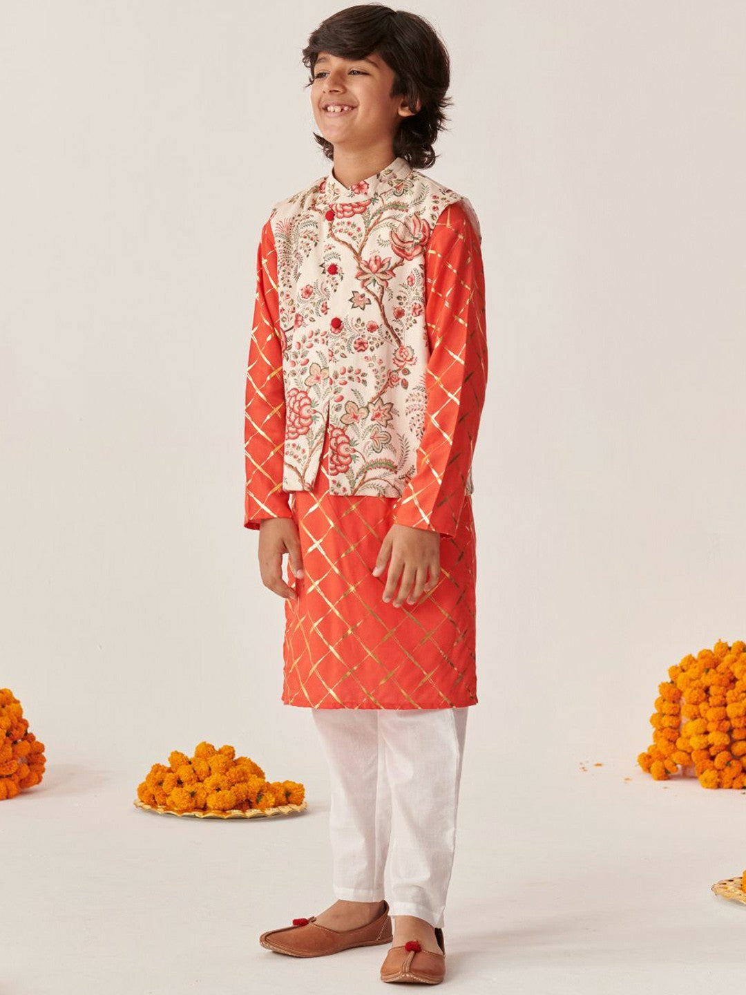 Boys Floral Printed Kurta with Pyjama & Jacket – Ethnic Indian Outfit for Weddings & Festivals