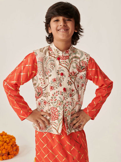 Boys Floral Printed Kurta with Pyjama & Jacket – Ethnic Indian Outfit for Weddings & Festivals