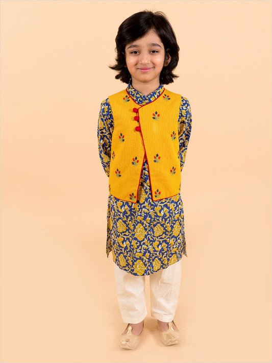 Navy Blue Printed Kurta with Trousers & Dupatta – Ethnic Wear for Boys | Festive & Wedding Outfit