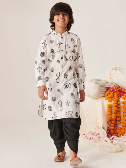 White Printed Kurta with Dhoti Pants – Traditional Ethnic Wear for Boys