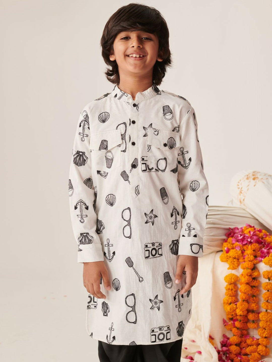 White Printed Kurta with Dhoti Pants – Traditional Ethnic Wear for Boys