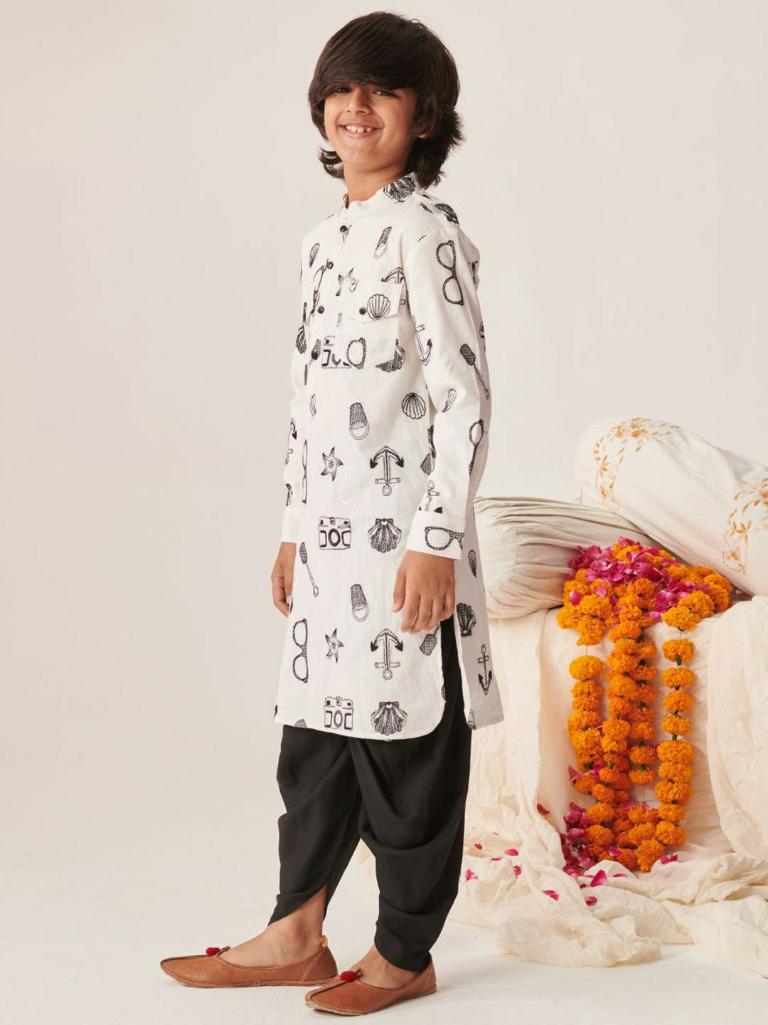 White Printed Kurta with Dhoti Pants – Traditional Ethnic Wear for Boys