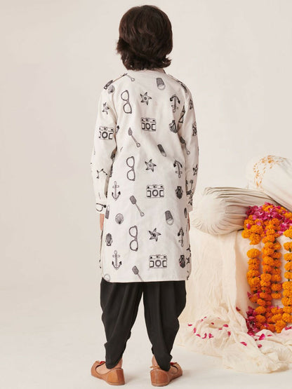 White Printed Kurta with Dhoti Pants – Traditional Ethnic Wear for Boys