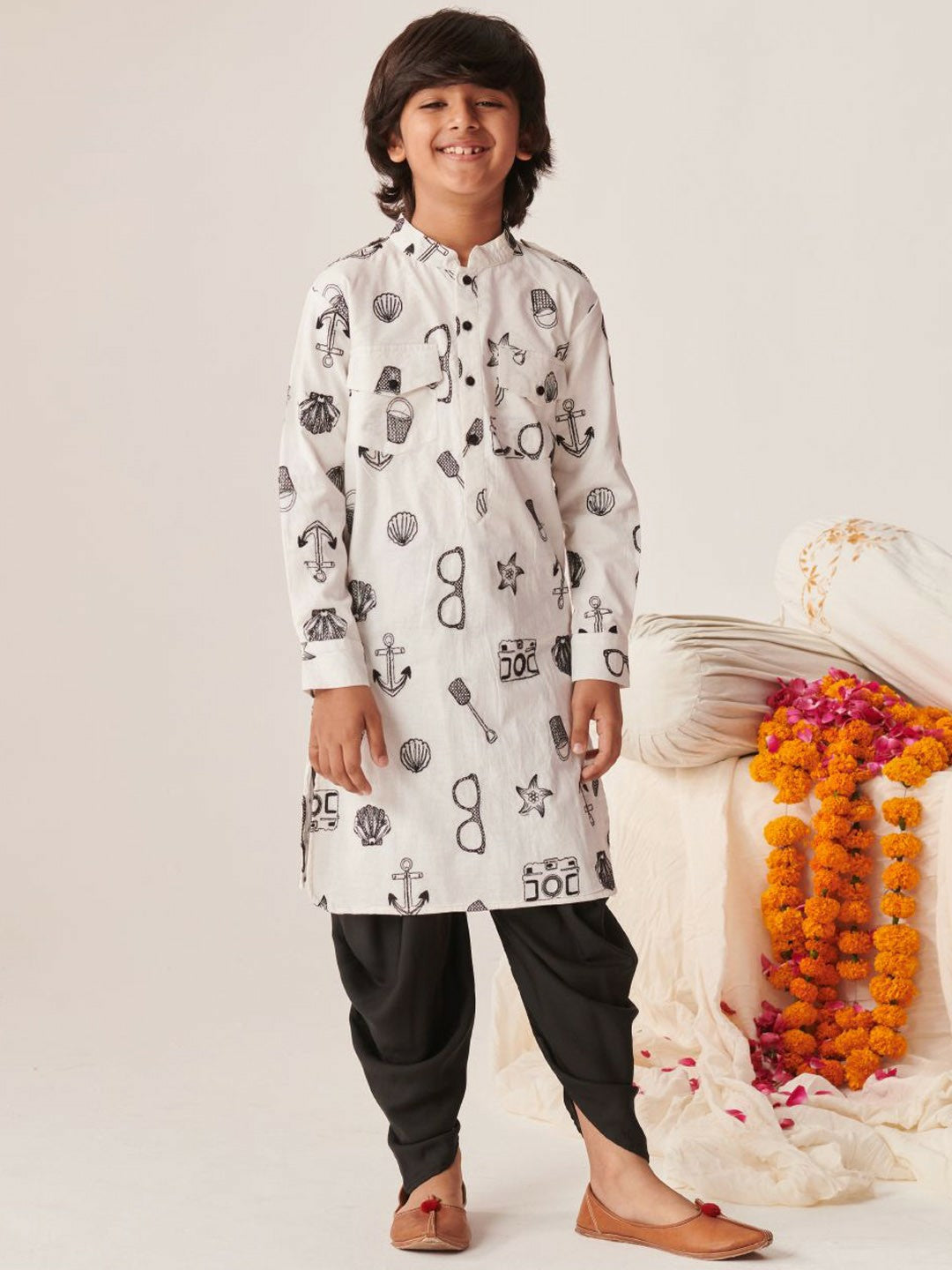 White Printed Kurta with Dhoti Pants – Traditional Ethnic Wear for Boys