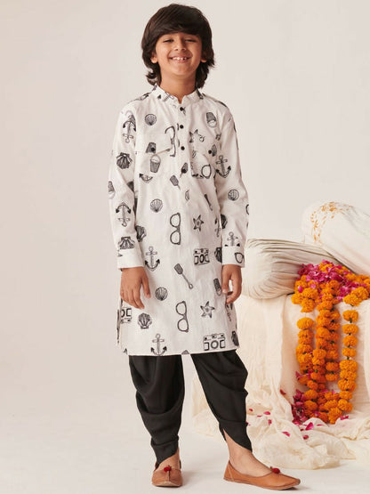 White Printed Kurta with Dhoti Pants – Traditional Ethnic Wear for Boys