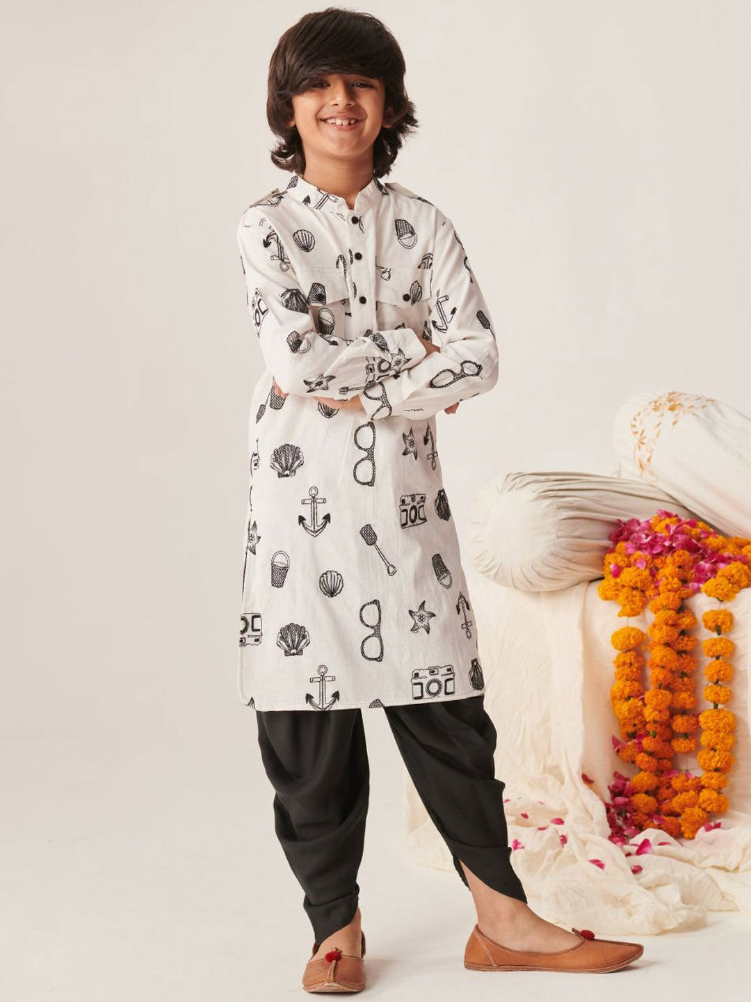 White Printed Kurta with Dhoti Pants – Traditional Ethnic Wear for Boys