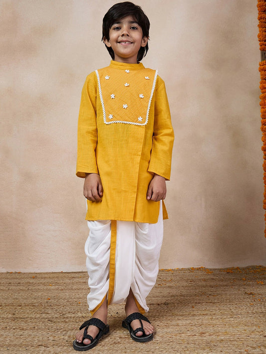 Mustard Yellow Yoke Design Kurta with Dhoti Pants – Ethnic Wear for Boys | Festive & Wedding Outfit