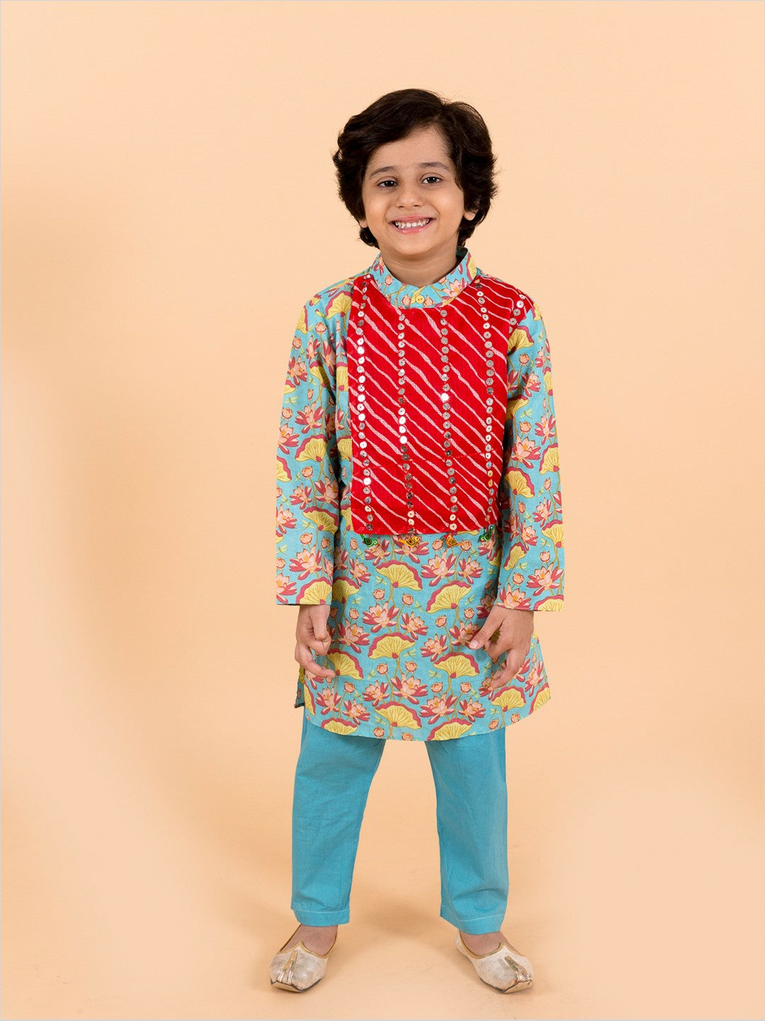 Sea Green Printed Kurta with Pyjama Set – Pure Cotton Ethnic Wear for Boys