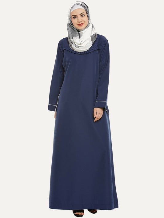 Navy Blue Solid Abaya Burqa – Modest Islamic Wear with Button Closure & Flared Hem