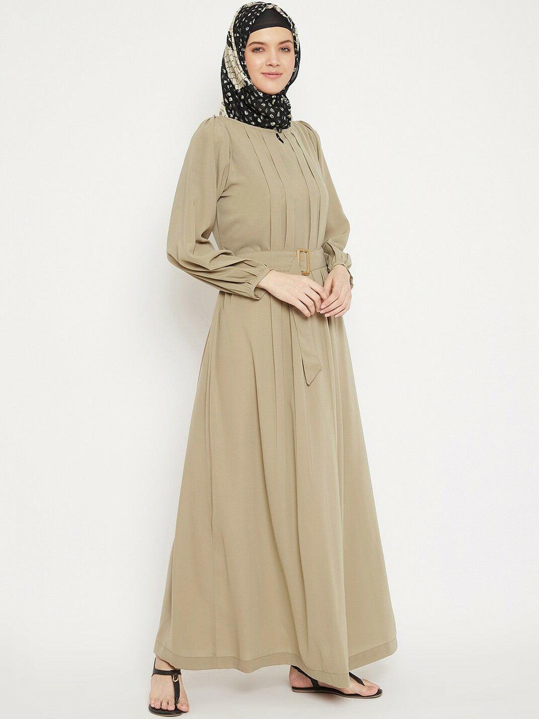 Elegant Beige Solid Abaya with Waist Belt – Modest Islamic Wear | Indiaista
