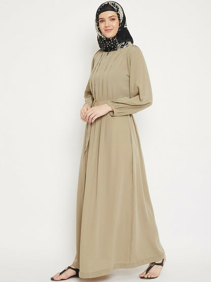 Elegant Beige Solid Abaya with Waist Belt – Modest Islamic Wear | Indiaista
