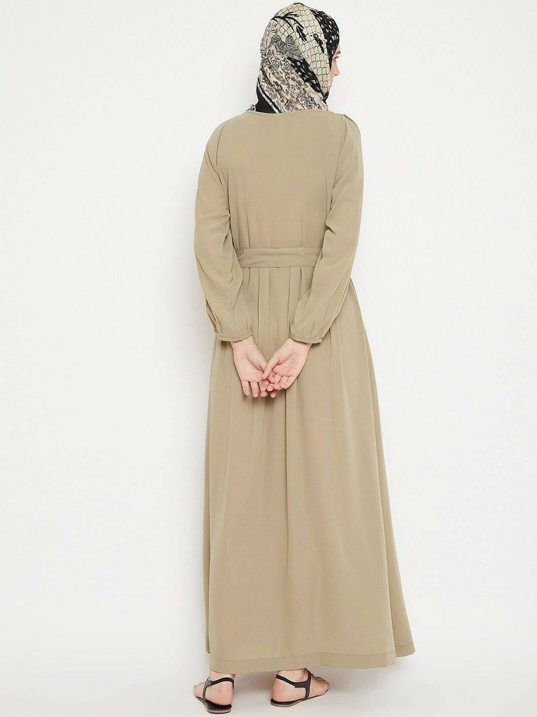 Elegant Beige Solid Abaya with Waist Belt – Modest Islamic Wear | Indiaista