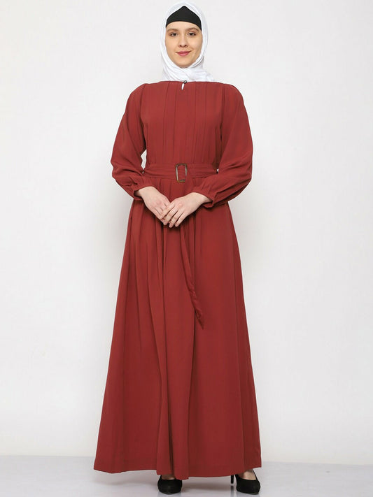 Elegant Solid Abaya for Women – Modest Islamic Dress with Waist Belt & Flared Hem