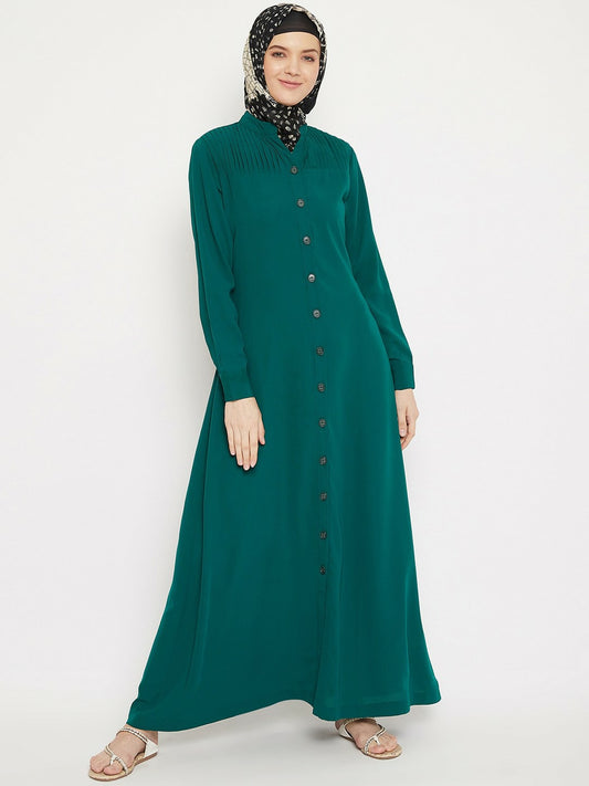 Women’s Green Solid Abaya – Front Open Modest Dress with Pleated Detail & Flared Hem