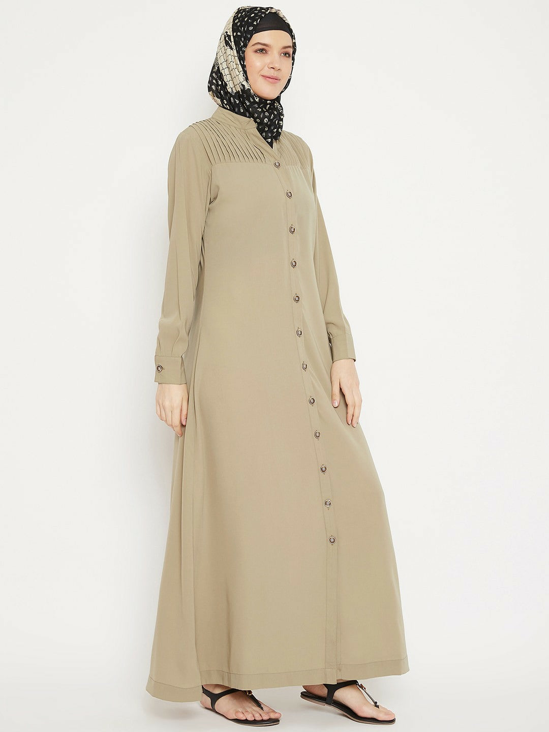 Beige Solid Burqa for Women – Modest Islamic Wear with Button Closure & Flared Hem