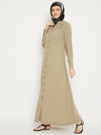 Beige Solid Burqa for Women – Modest Islamic Wear with Button Closure & Flared Hem