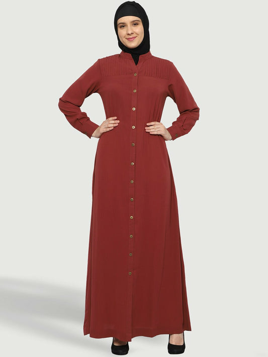 Rust Solid Abaya Burqa – Modest Islamic Wear with Mandarin Collar & Flared Hem | Indiaista