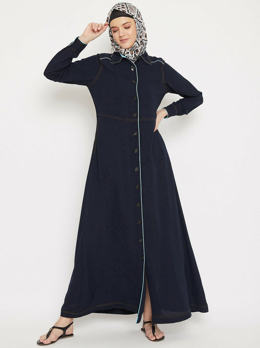 Women’s Navy Blue Solid Abaya – Front Open Modest Wear with Button Closure