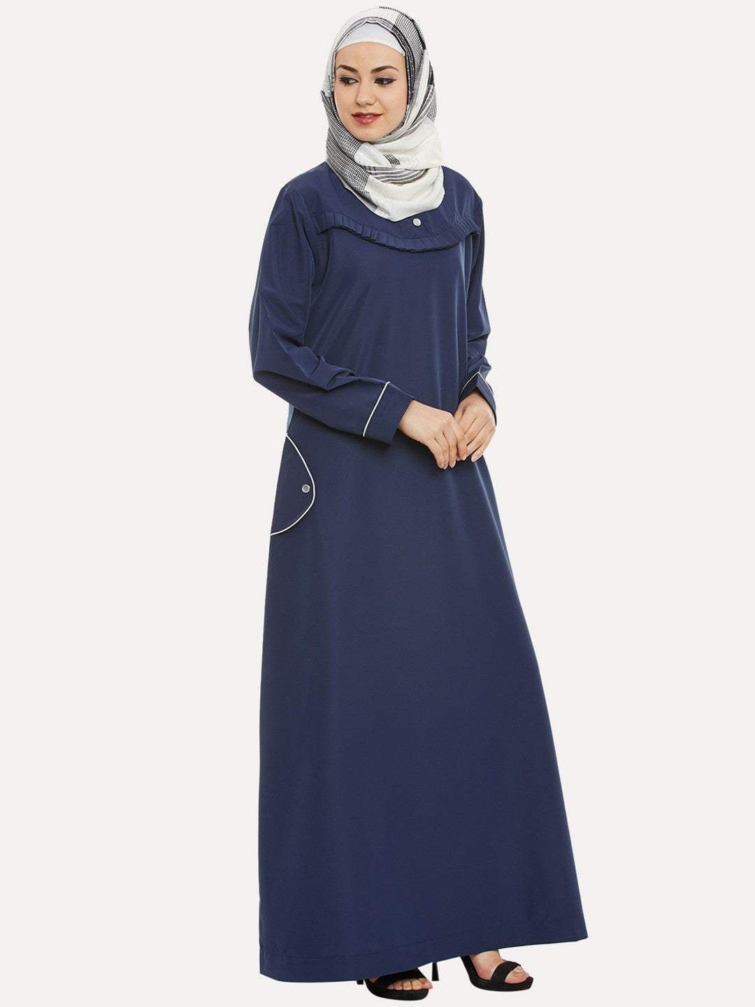 Navy Blue Solid Abaya Burqa – Modest Islamic Wear with Button Closure & Flared Hem