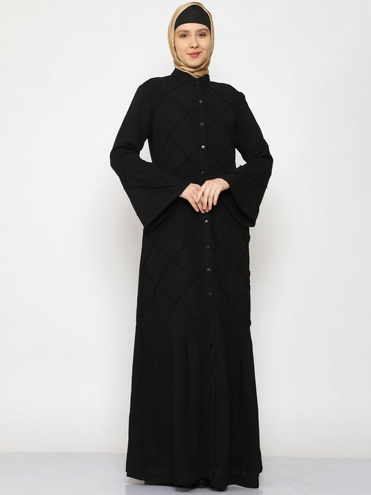 Elegant Patterned Abaya Burqa – Modest Islamic Wear with Bell Sleeves & Pleated Design