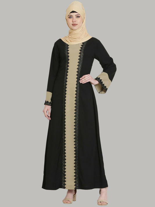 Black & Beige Solid Lace Burqa – Elegant Modest Wear with Pleated Design & Flared Hem