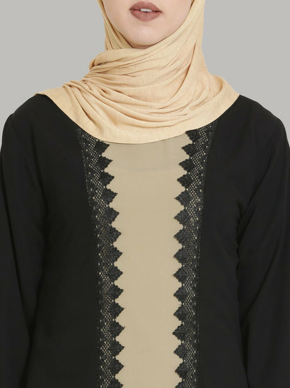 Black & Beige Solid Lace Burqa – Elegant Modest Wear with Pleated Design & Flared Hem