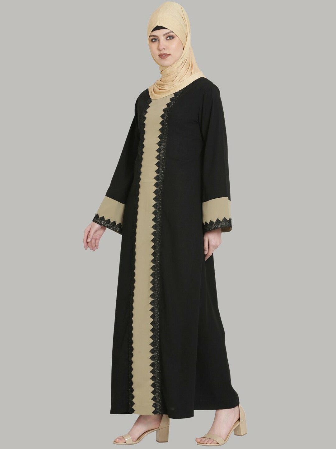 Black & Beige Solid Lace Burqa – Elegant Modest Wear with Pleated Design & Flared Hem
