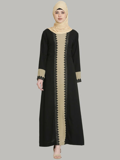 Black & Beige Solid Lace Burqa – Elegant Modest Wear with Pleated Design & Flared Hem