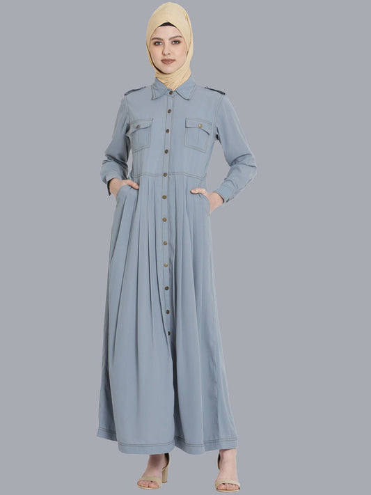 Elegant Grey Solid Abaya – Modest Islamic Wear with Button Closure & Pockets