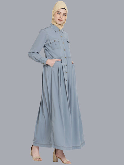 Elegant Grey Solid Abaya – Modest Islamic Wear with Button Closure & Pockets