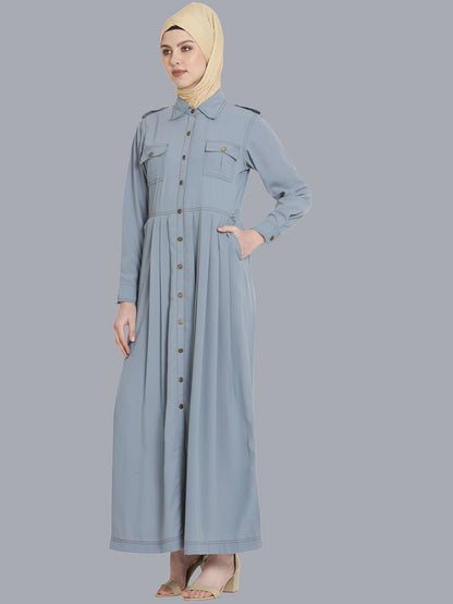 Elegant Grey Solid Abaya – Modest Islamic Wear with Button Closure & Pockets