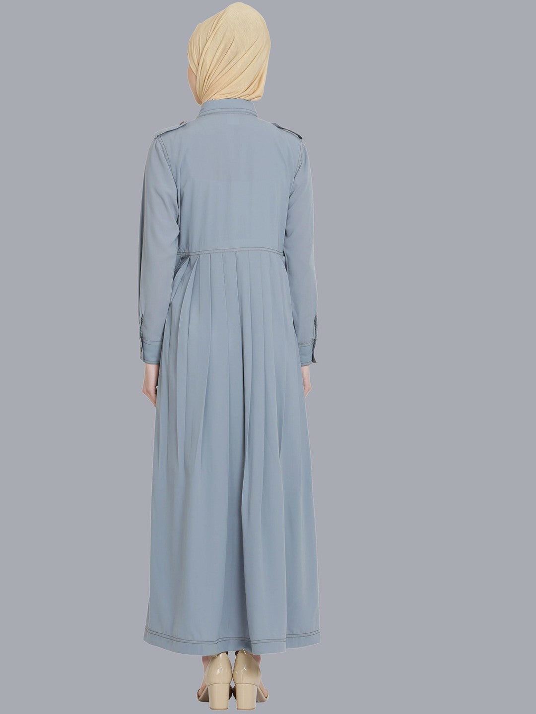 Elegant Grey Solid Abaya – Modest Islamic Wear with Button Closure & Pockets