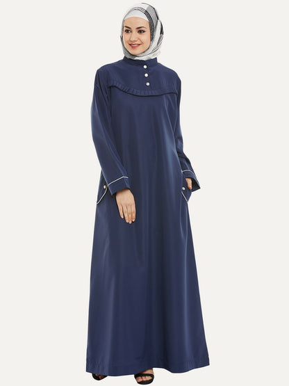 Navy Blue Solid Abaya Burqa – Modest Islamic Wear with Button Closure & Flared Hem