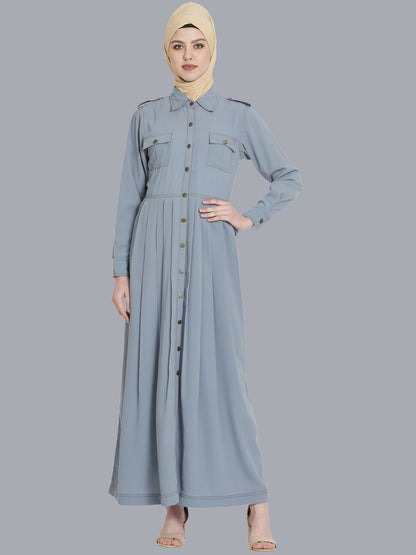 Elegant Grey Solid Abaya – Modest Islamic Wear with Button Closure & Pockets