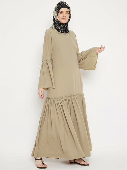 Beige Solid Abaya Burqa for Women – Modest Islamic Wear with Flared Hem & Pockets