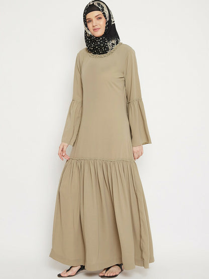 Beige Solid Abaya Burqa for Women – Modest Islamic Wear with Flared Hem & Pockets