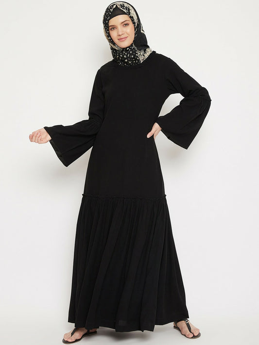 Elegant Black Solid Longline Burqa – Modest Islamic Wear with Gathered Detail