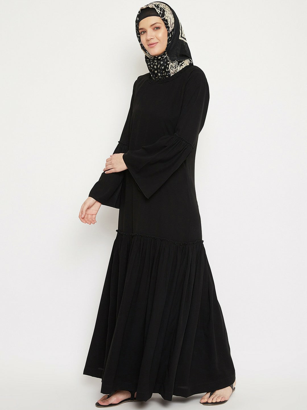Elegant Black Solid Longline Burqa – Modest Islamic Wear with Gathered Detail