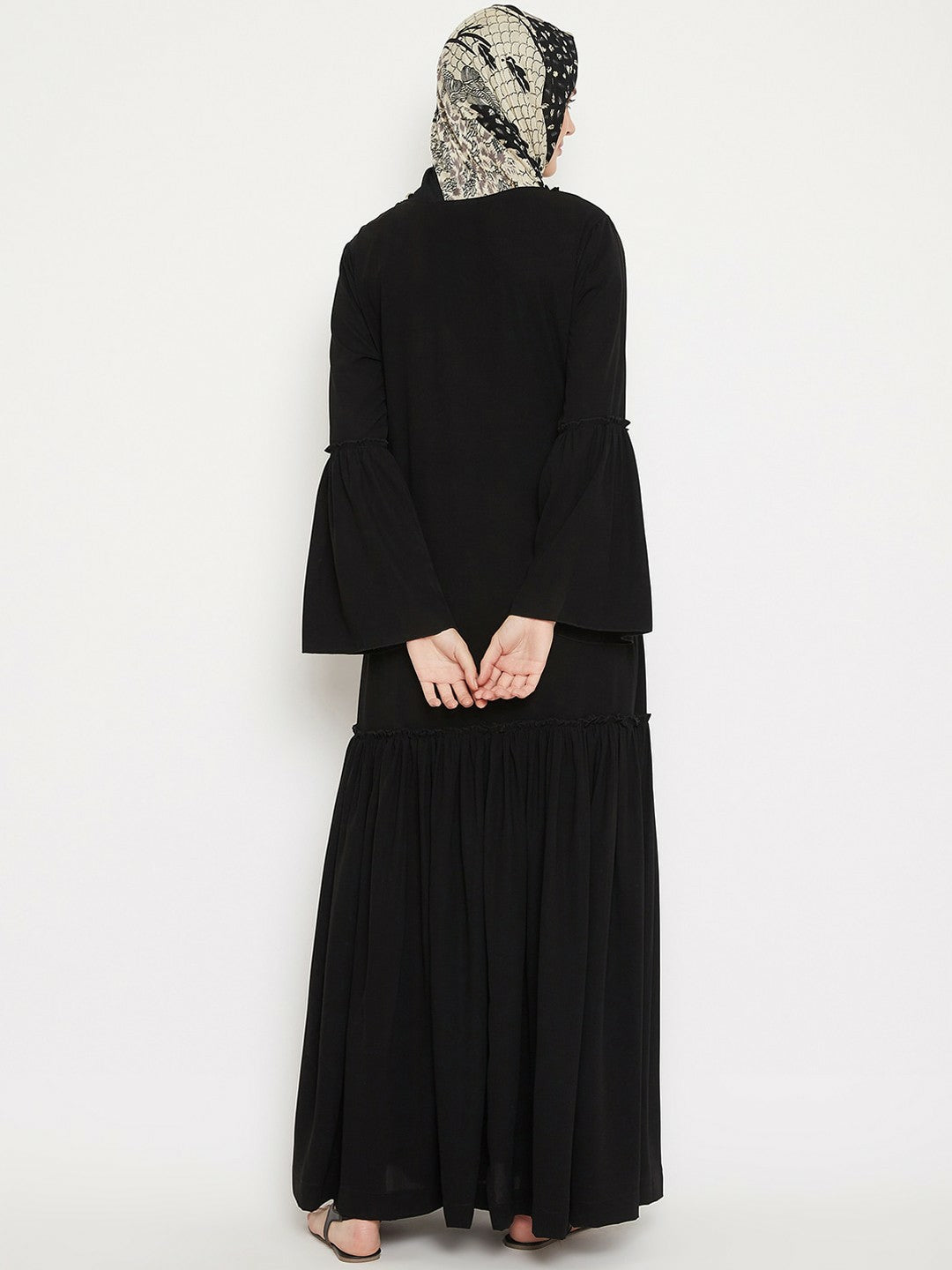 Elegant Black Solid Longline Burqa – Modest Islamic Wear with Gathered Detail