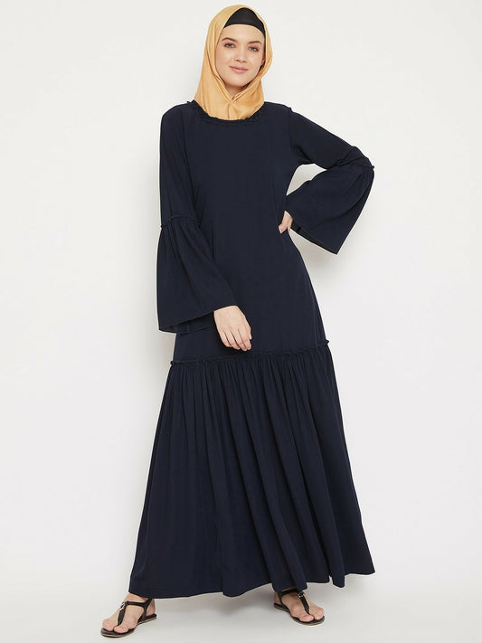 Navy Blue Longline Burqa with Gathered Detail – Modest Islamic Wear for Women