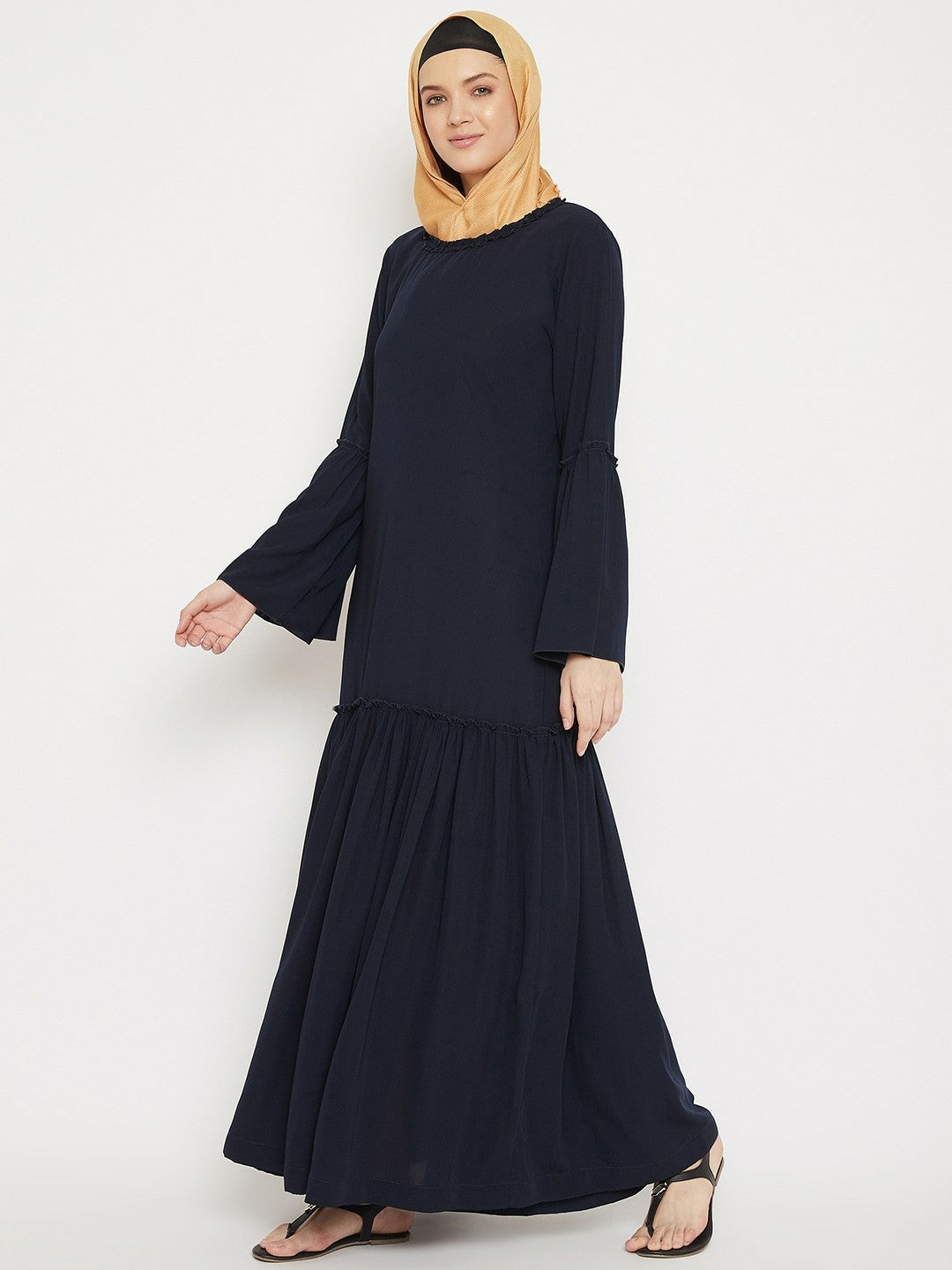 Navy Blue Longline Burqa with Gathered Detail – Modest Islamic Wear for Women