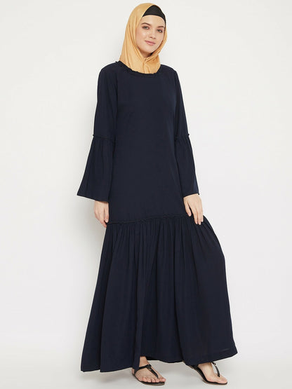 Navy Blue Longline Burqa with Gathered Detail – Modest Islamic Wear for Women