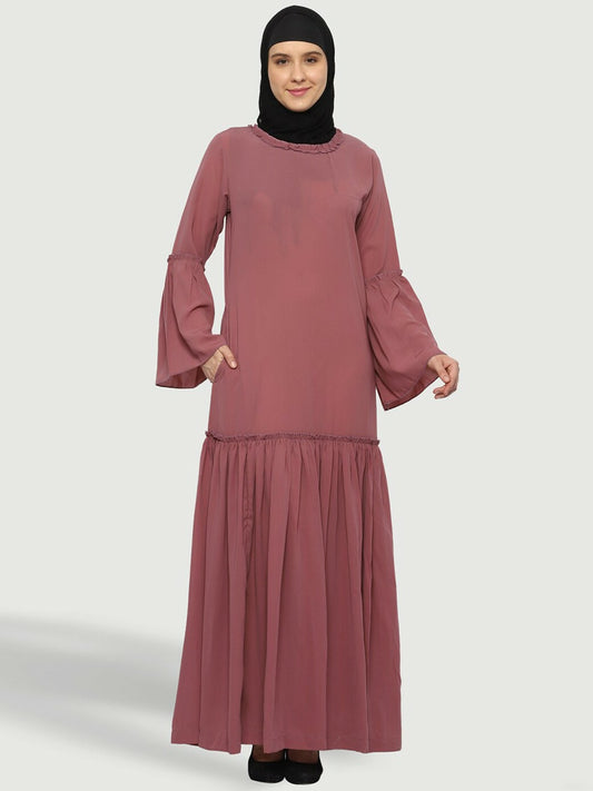 Rose-Coloured Abaya Burqa for Women – Modest Islamic Wear with Pockets & Flared Hem